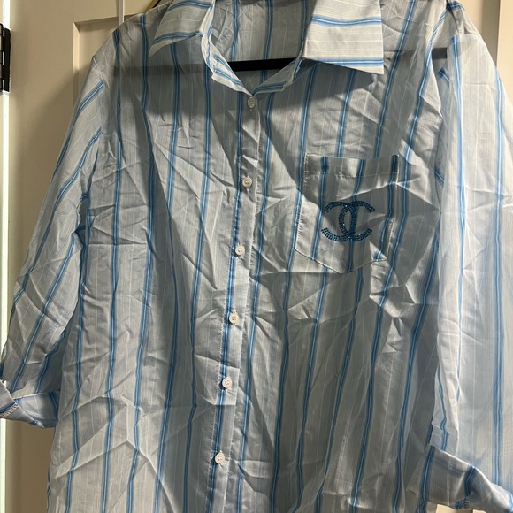 CHANEL Light Blue Striped womens Shirt NEVER WORN SILK ORGANZA - Picture 1 of 5
